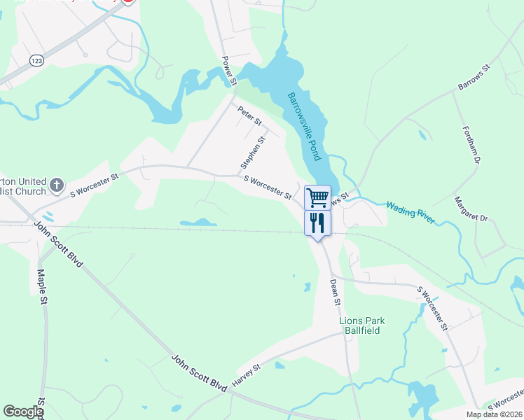 map of restaurants, bars, coffee shops, grocery stores, and more near 167 South Worcester Street in Taunton