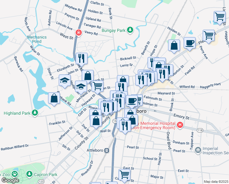 map of restaurants, bars, coffee shops, grocery stores, and more near 28 Sanford Street in Attleboro