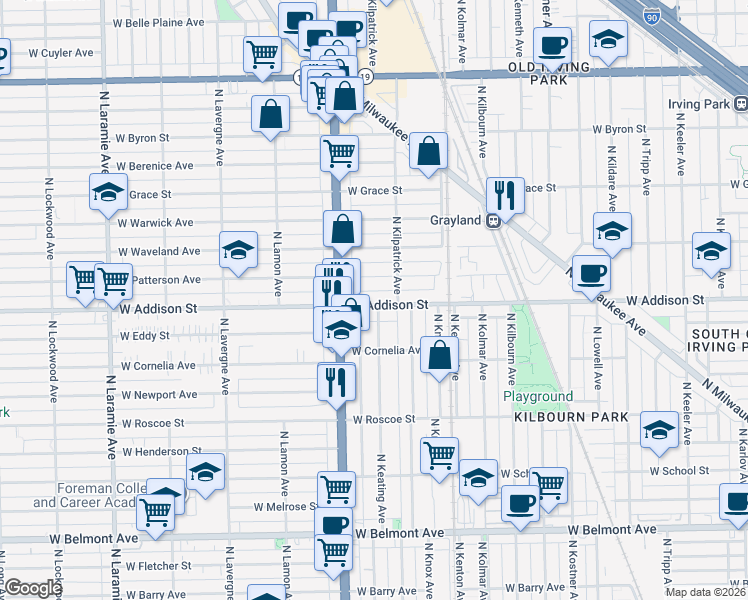 map of restaurants, bars, coffee shops, grocery stores, and more near 4727 West Addison Street in Chicago