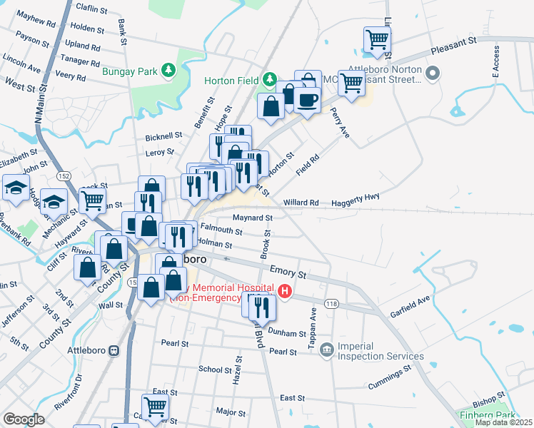 map of restaurants, bars, coffee shops, grocery stores, and more near 50 Maynard Street in Attleboro