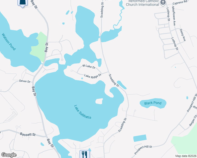 map of restaurants, bars, coffee shops, grocery stores, and more near 50 Lake Ridge Drive in Taunton