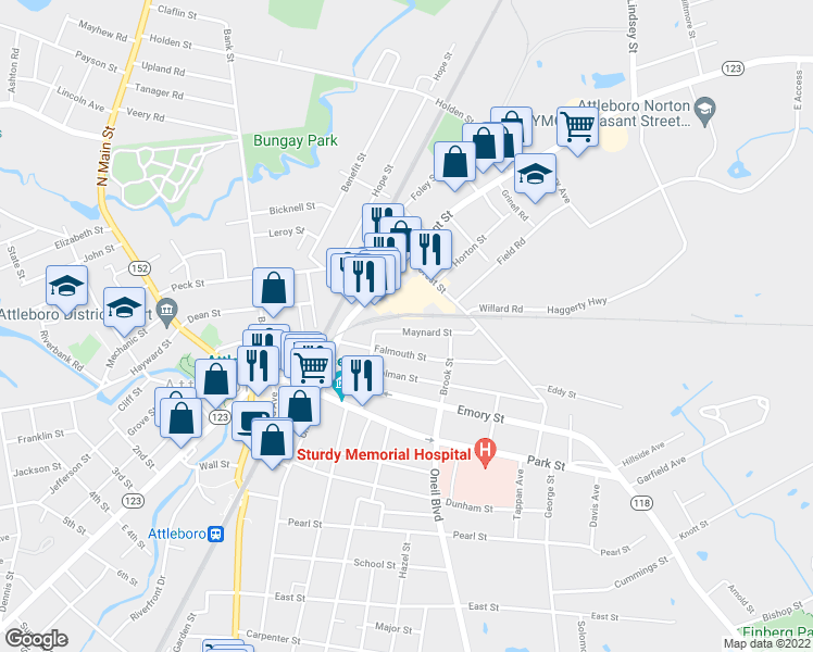 map of restaurants, bars, coffee shops, grocery stores, and more near 50 Maynard Street in Attleboro