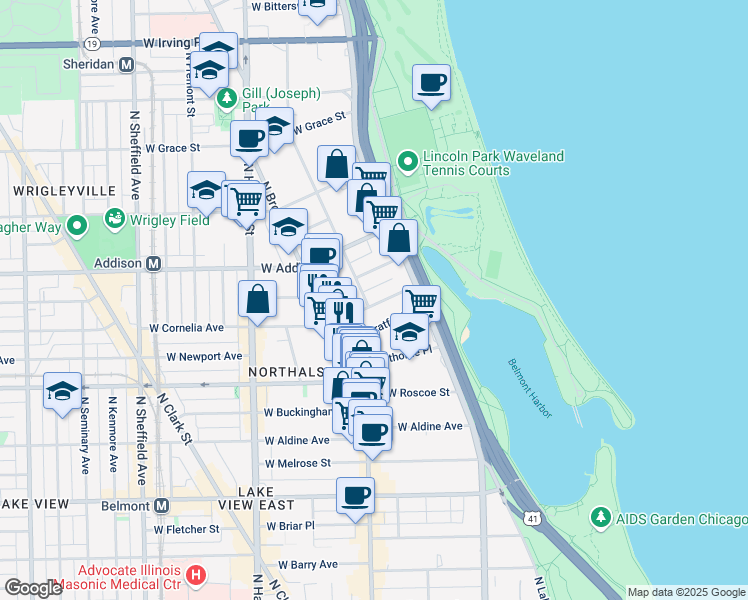 map of restaurants, bars, coffee shops, grocery stores, and more near 536 West Stratford Place in Chicago