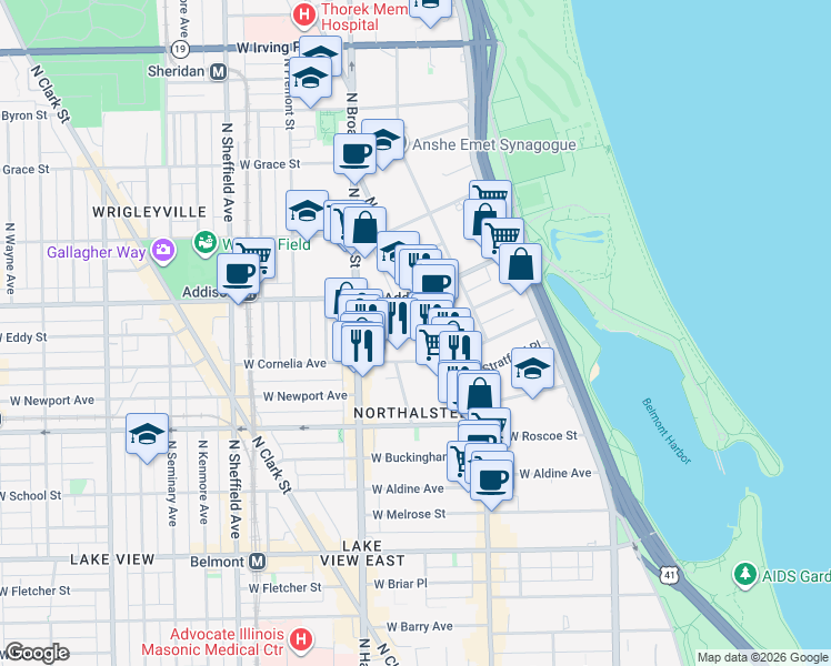 map of restaurants, bars, coffee shops, grocery stores, and more near 660 West Cornelia Avenue in Chicago