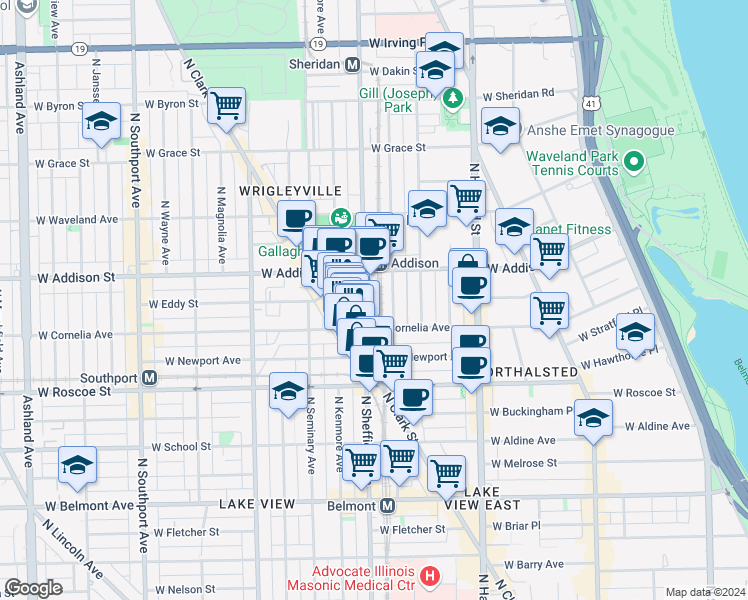 map of restaurants, bars, coffee shops, grocery stores, and more near 3519 North Sheffield Avenue in Chicago