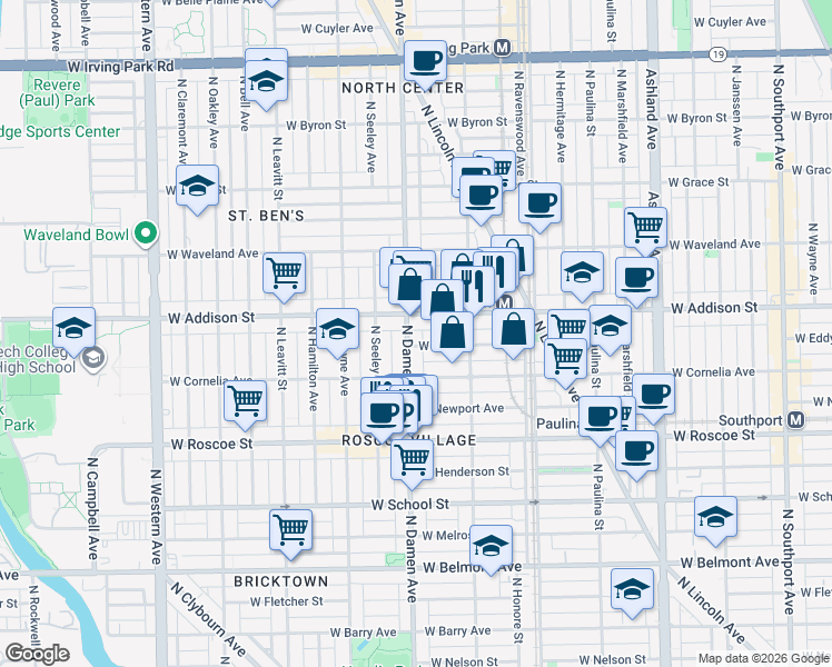 map of restaurants, bars, coffee shops, grocery stores, and more near 1942 West Eddy Street in Chicago