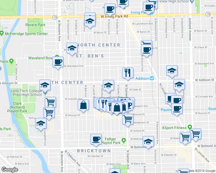 map of restaurants, bars, coffee shops, grocery stores, and more near 3528 North Hoyne Avenue in Chicago