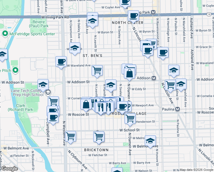 map of restaurants, bars, coffee shops, grocery stores, and more near 3532 North Hamilton Avenue in Chicago