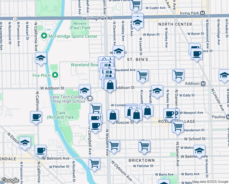 map of restaurants, bars, coffee shops, grocery stores, and more near 3539 North Claremont Avenue in Chicago