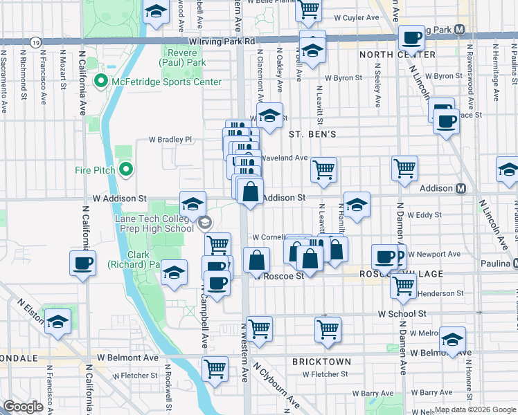 map of restaurants, bars, coffee shops, grocery stores, and more near 3539 North Claremont Avenue in Chicago