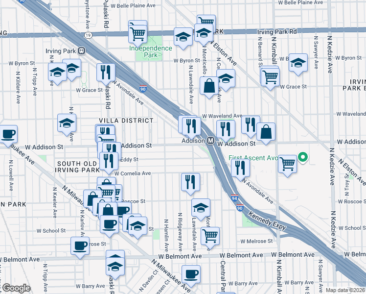 map of restaurants, bars, coffee shops, grocery stores, and more near 3736 West Eddy Street in Chicago