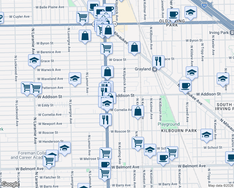 map of restaurants, bars, coffee shops, grocery stores, and more near 4727 West Addison Street in Chicago