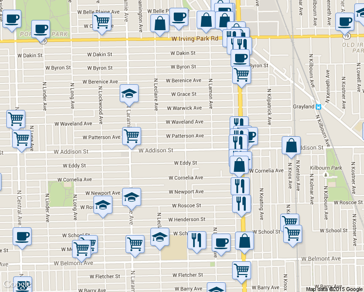 map of restaurants, bars, coffee shops, grocery stores, and more near 5027 West Addison Street in Chicago