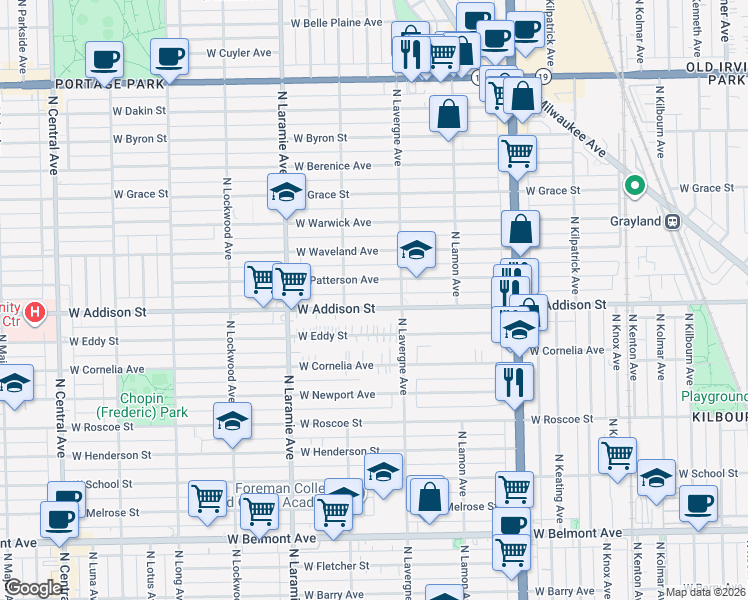 map of restaurants, bars, coffee shops, grocery stores, and more near 5027 West Addison Street in Chicago
