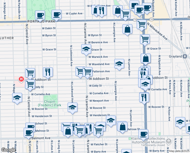 map of restaurants, bars, coffee shops, grocery stores, and more near 5141 West Addison Street in Chicago