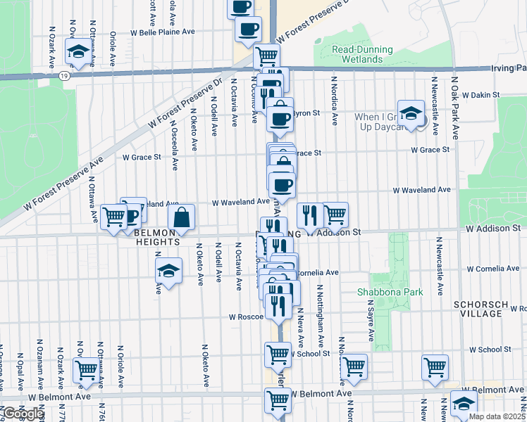 map of restaurants, bars, coffee shops, grocery stores, and more near 3626 North Oconto Avenue in Chicago