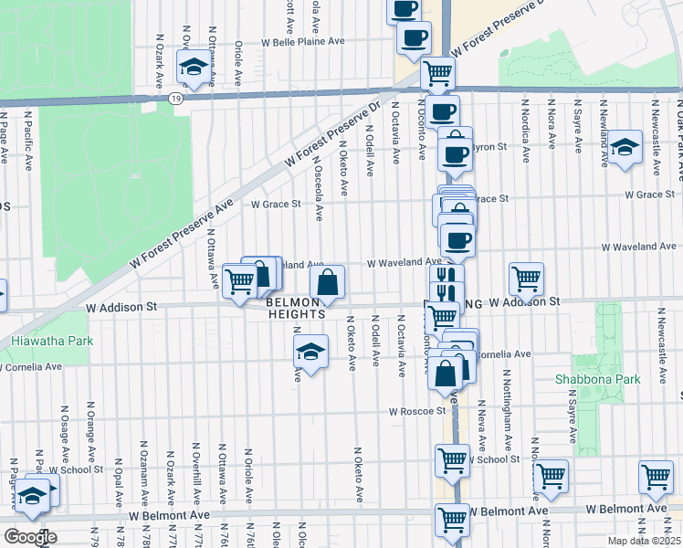 map of restaurants, bars, coffee shops, grocery stores, and more near 3625 North Oketo Avenue in Chicago