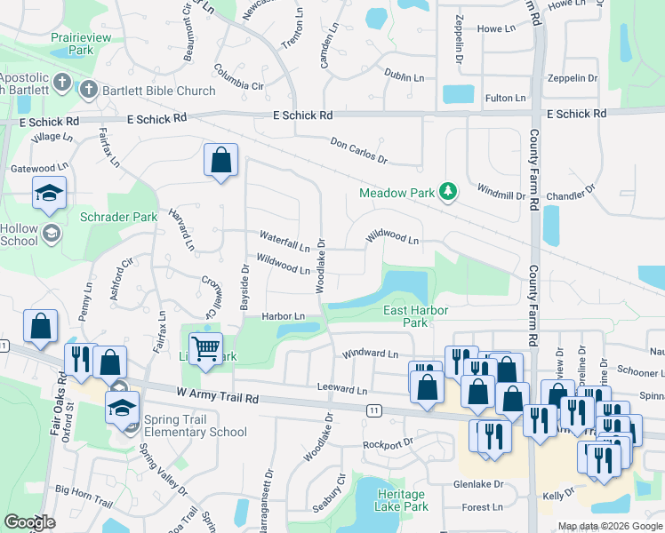 map of restaurants, bars, coffee shops, grocery stores, and more near 2165 Wildwood Lane in Hanover Park