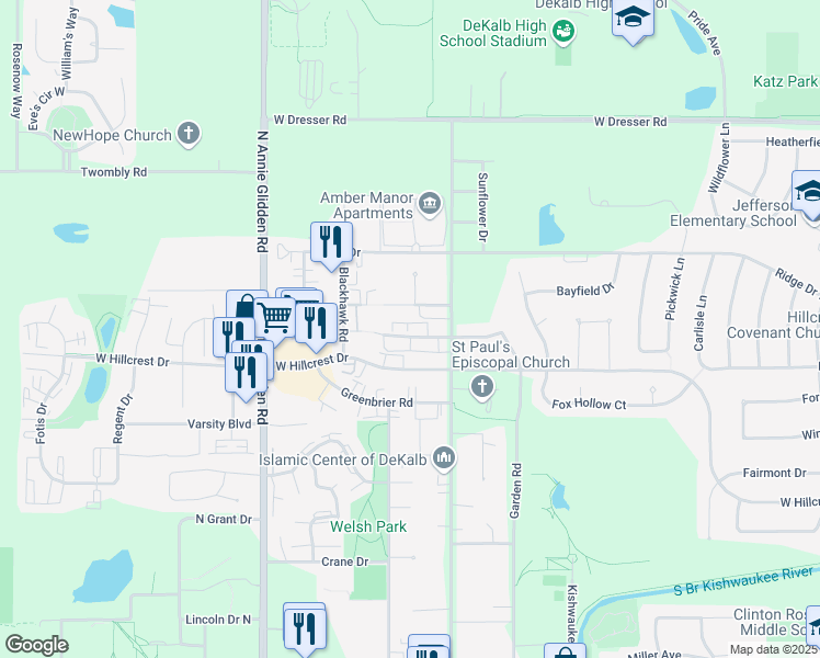 map of restaurants, bars, coffee shops, grocery stores, and more near 810 Kimberly Drive in DeKalb