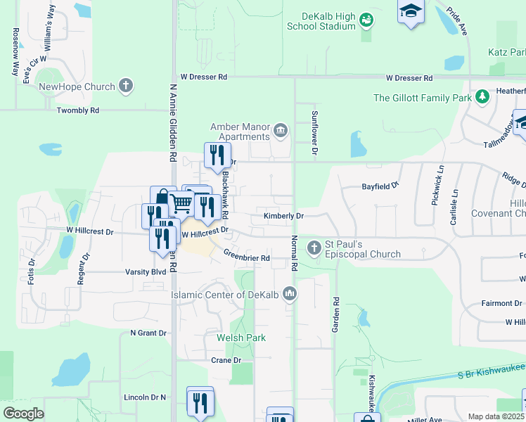 map of restaurants, bars, coffee shops, grocery stores, and more near 810 Kimberly Drive in DeKalb