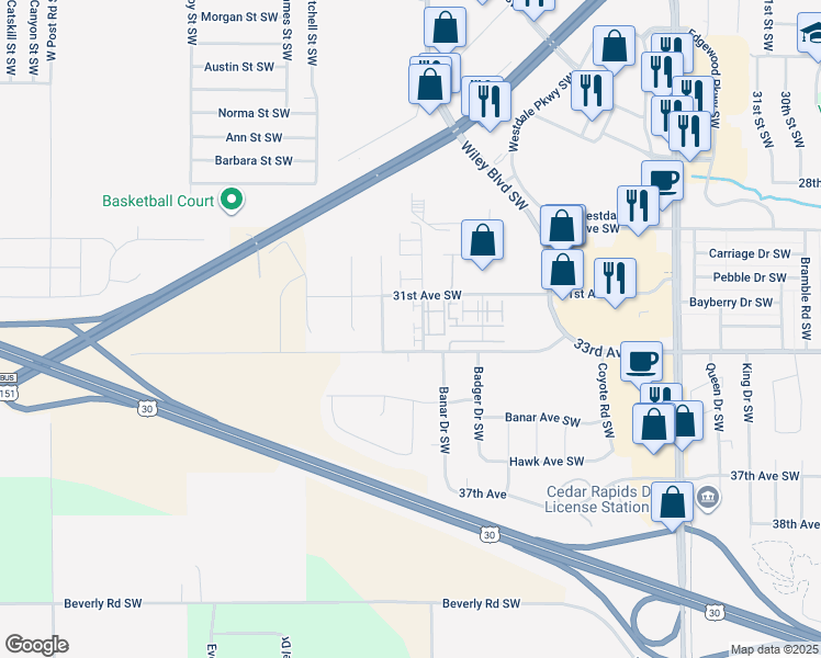 map of restaurants, bars, coffee shops, grocery stores, and more near 3230 Samuel Ct SW in Cedar Rapids