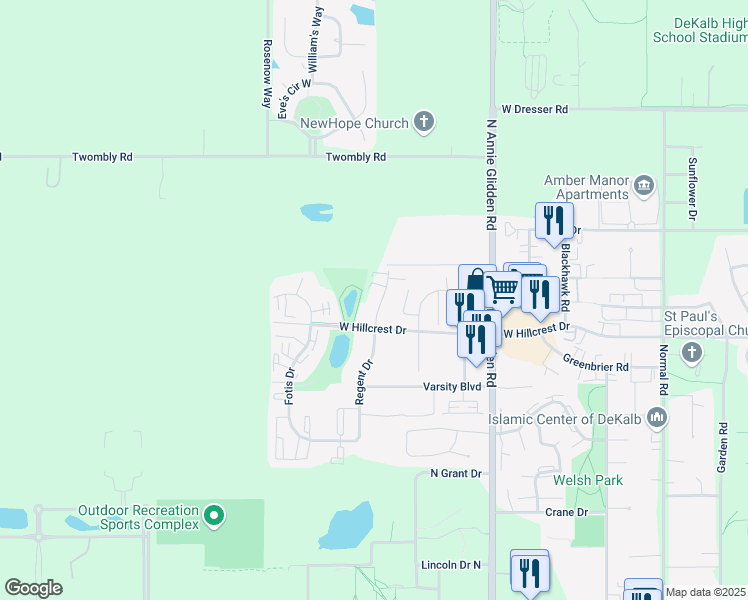 map of restaurants, bars, coffee shops, grocery stores, and more near 1067 Regent Drive in DeKalb