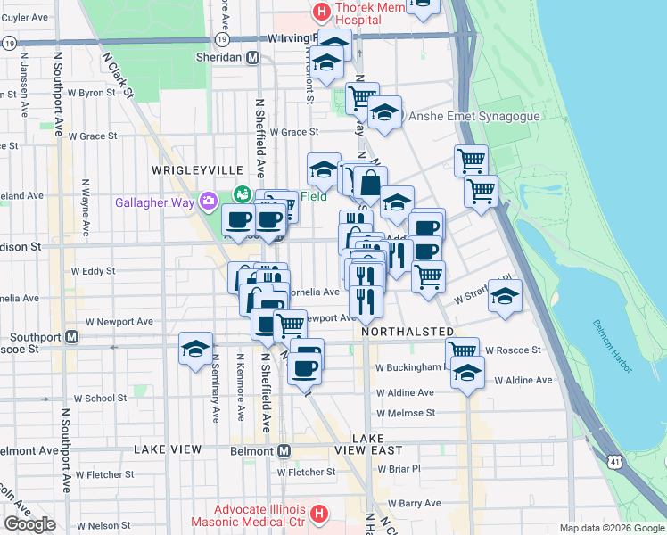 map of restaurants, bars, coffee shops, grocery stores, and more near 3526 North Reta Avenue in Chicago