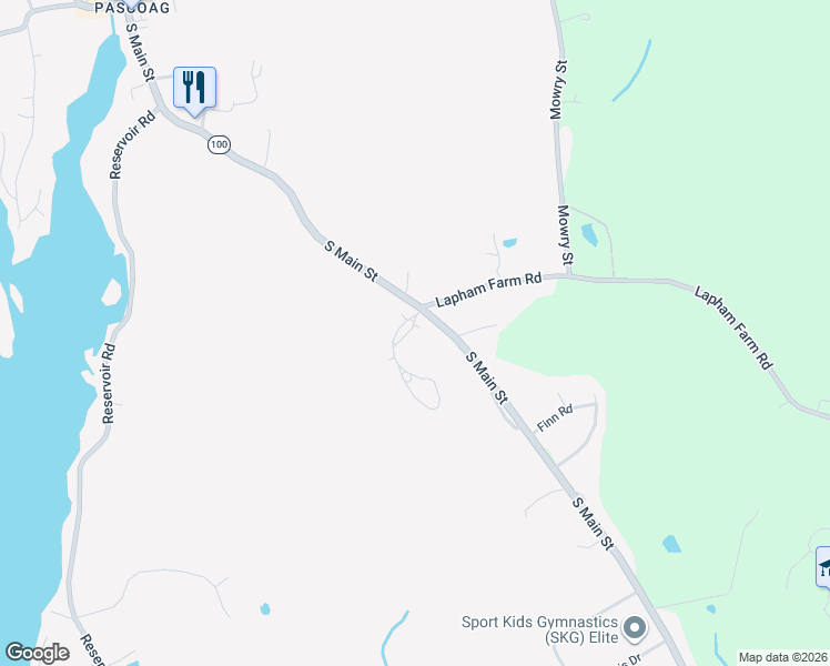 map of restaurants, bars, coffee shops, grocery stores, and more near 303 Garvy Ledges Lane in Burrillville