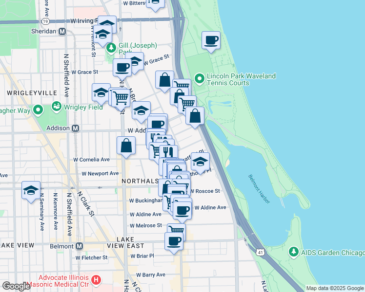 map of restaurants, bars, coffee shops, grocery stores, and more near 536 West Stratford Place in Chicago