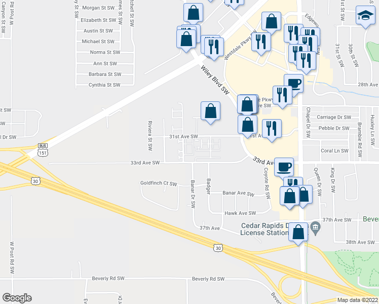 map of restaurants, bars, coffee shops, grocery stores, and more near 3205 Samuel Court Southwest in Cedar Rapids