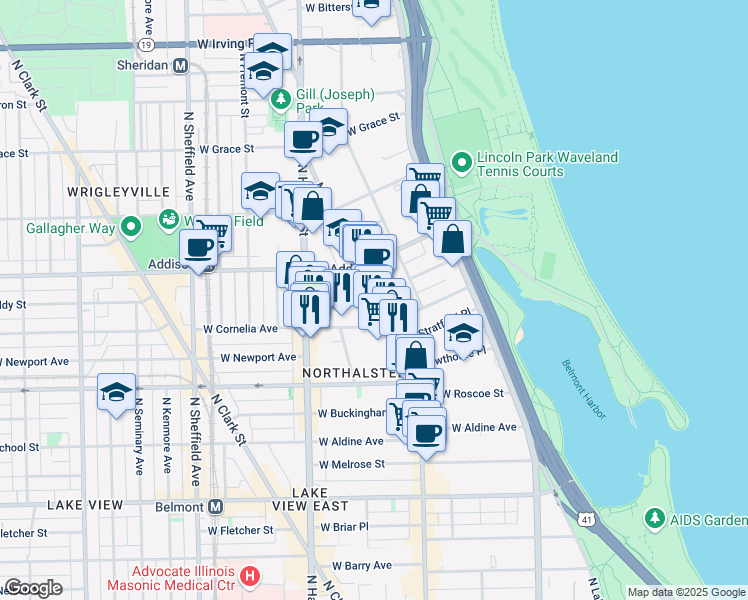 map of restaurants, bars, coffee shops, grocery stores, and more near 3525 North Broadway in Chicago