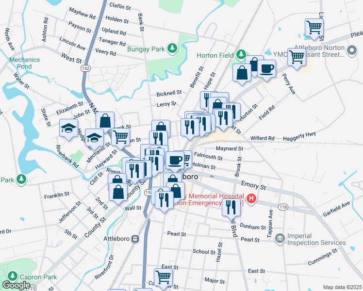 map of restaurants, bars, coffee shops, grocery stores, and more near 24 Perrin Street in Attleboro