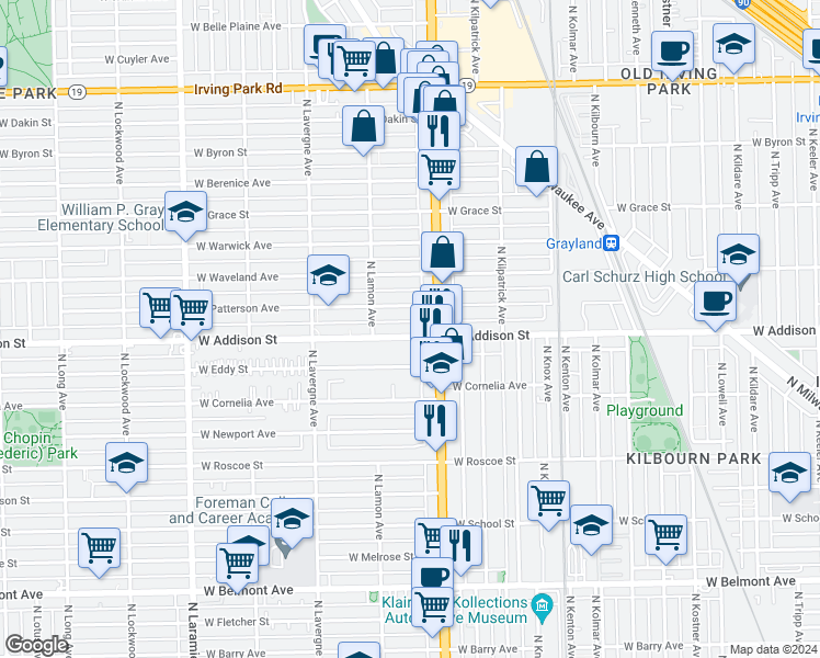 map of restaurants, bars, coffee shops, grocery stores, and more near 4828 West Addison Street in Chicago