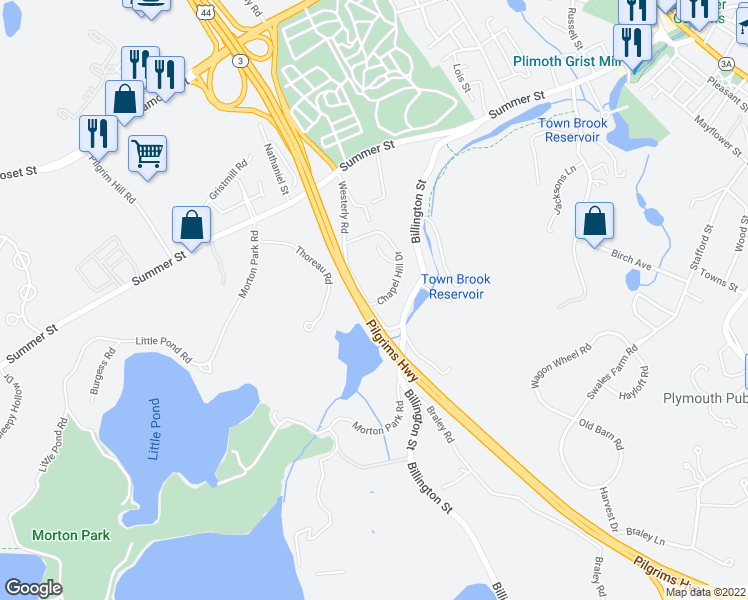 map of restaurants, bars, coffee shops, grocery stores, and more near 5 Chapel Hill Drive in Plymouth
