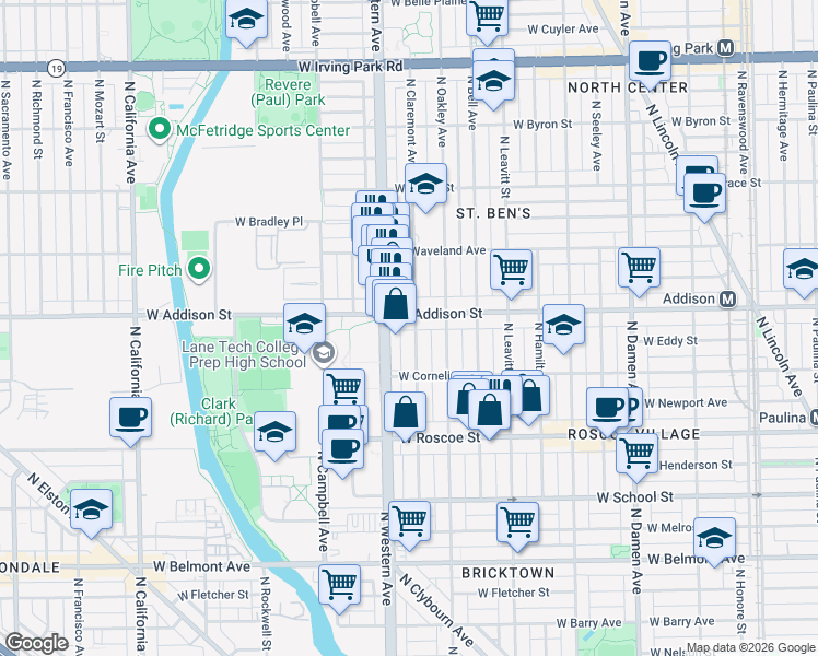 map of restaurants, bars, coffee shops, grocery stores, and more near 3539 North Claremont Avenue in Chicago