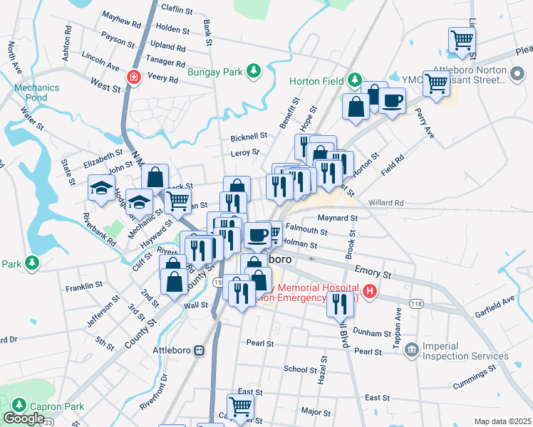 map of restaurants, bars, coffee shops, grocery stores, and more near 24 Perrin Street in Attleboro