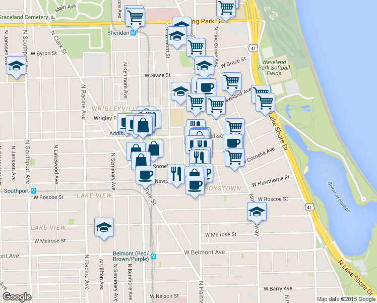 map of restaurants, bars, coffee shops, grocery stores, and more near 3516 North Reta Avenue in Chicago