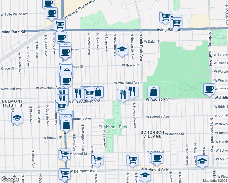map of restaurants, bars, coffee shops, grocery stores, and more near 3619 North Newland Avenue in Chicago