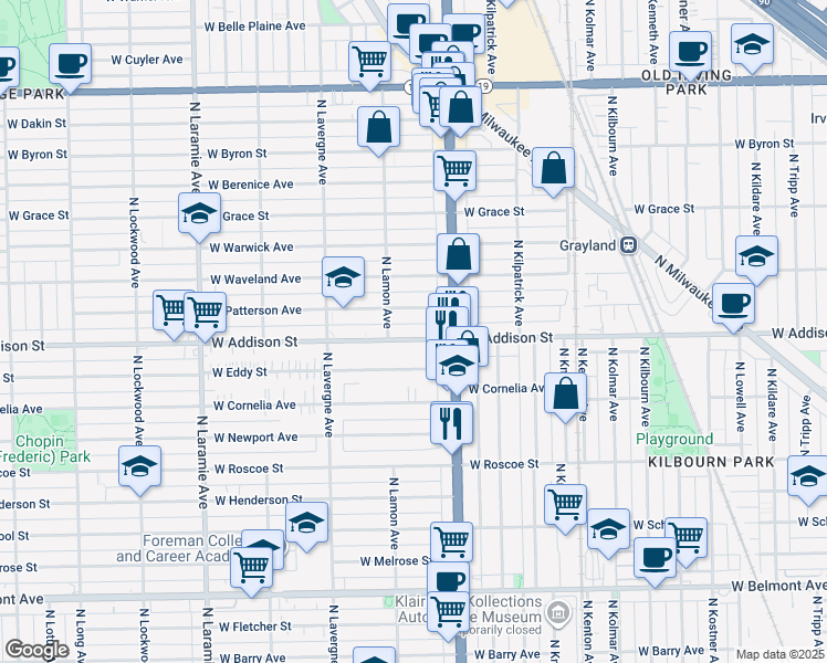 map of restaurants, bars, coffee shops, grocery stores, and more near 4839 West Addison Street in Chicago