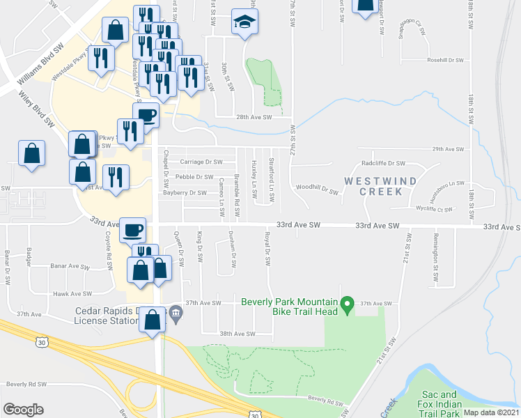 map of restaurants, bars, coffee shops, grocery stores, and more near 3232 Huxley Lane Southwest in Cedar Rapids