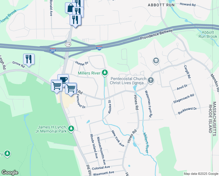 map of restaurants, bars, coffee shops, grocery stores, and more near 15 Crestwood Court in Cumberland