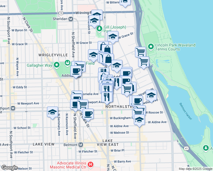 map of restaurants, bars, coffee shops, grocery stores, and more near N Halsted St & W Brompton Ave in Chicago