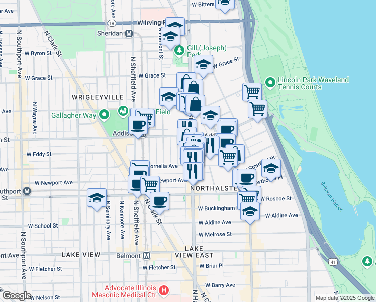 map of restaurants, bars, coffee shops, grocery stores, and more near 3530 North Halsted Street in Chicago