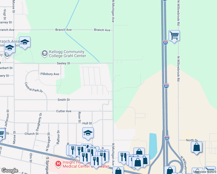 map of restaurants, bars, coffee shops, grocery stores, and more near 175 North Michigan Avenue in Coldwater