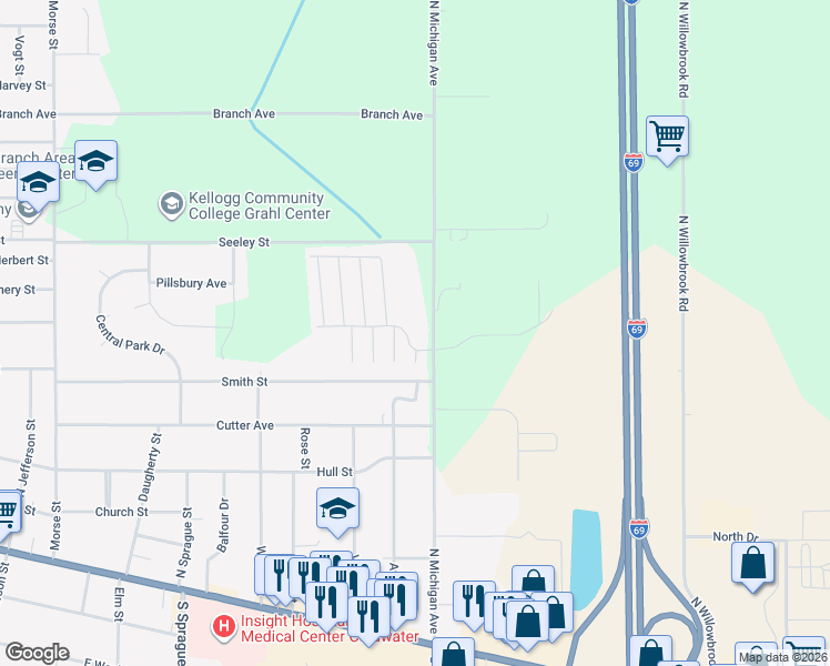 map of restaurants, bars, coffee shops, grocery stores, and more near 175 North Michigan Avenue in Coldwater
