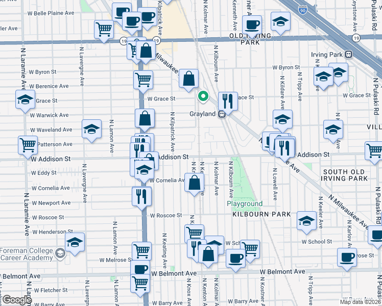map of restaurants, bars, coffee shops, grocery stores, and more near 4601 North Knox Avenue in Chicago