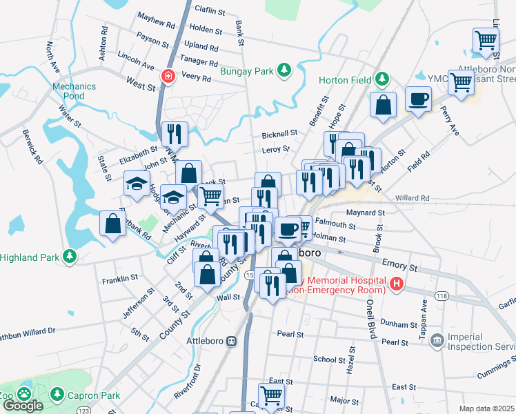 map of restaurants, bars, coffee shops, grocery stores, and more near 28 Sanford Street in Attleboro