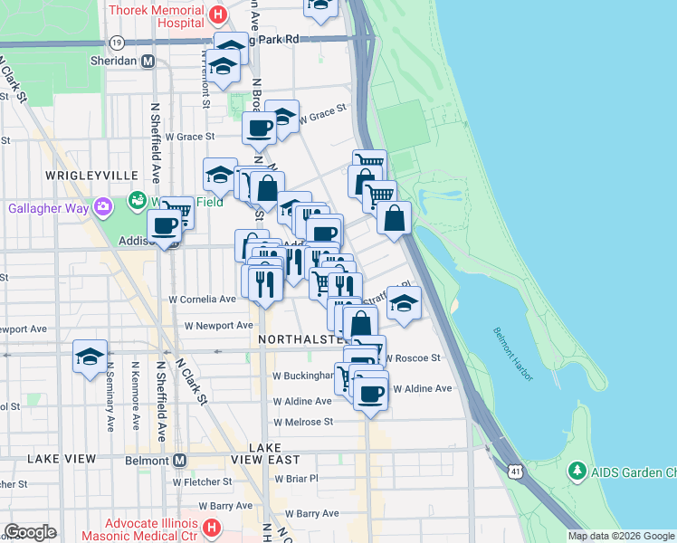 map of restaurants, bars, coffee shops, grocery stores, and more near 660 West Cornelia Avenue in Chicago