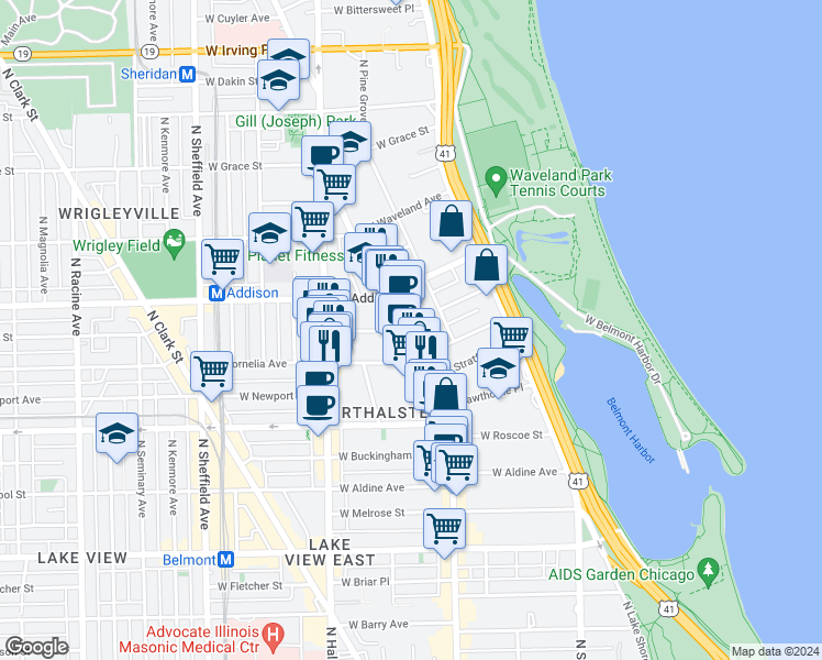 map of restaurants, bars, coffee shops, grocery stores, and more near 660 West Cornelia Avenue in Chicago