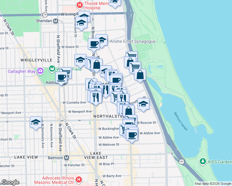 map of restaurants, bars, coffee shops, grocery stores, and more near 660 West Cornelia Avenue in Chicago